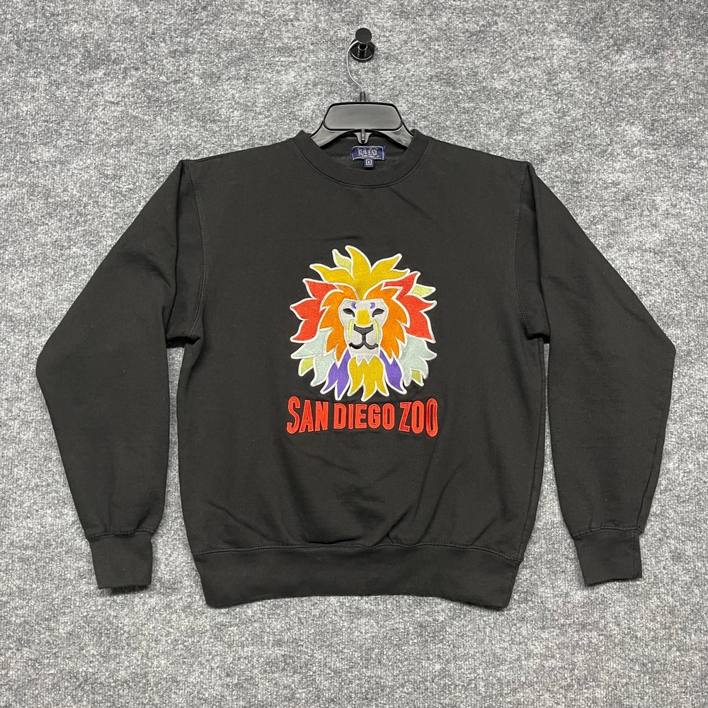 San Diego Zoo Sweatshirt Men Small Black Lion Ocean Beach Sportswear Embroidered